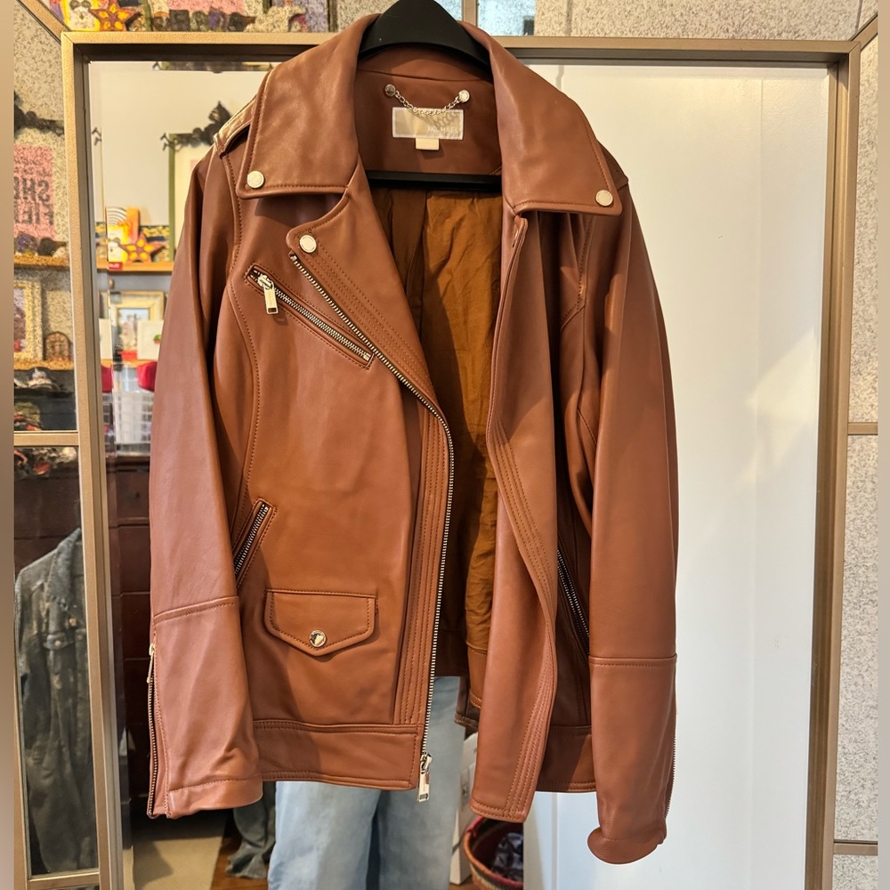EUC Michael Michael Kors Asymmetrical Leather Moto Jacket brown 0X